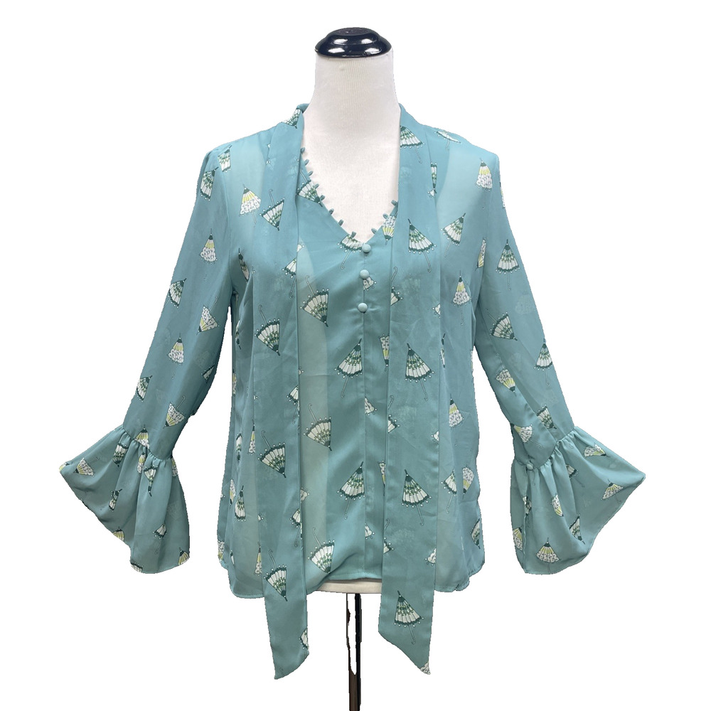 NY & Co Eva Mendes Blouse Sm Boho Umbrella Print Tie Neck Bell Slv Romantic Whim